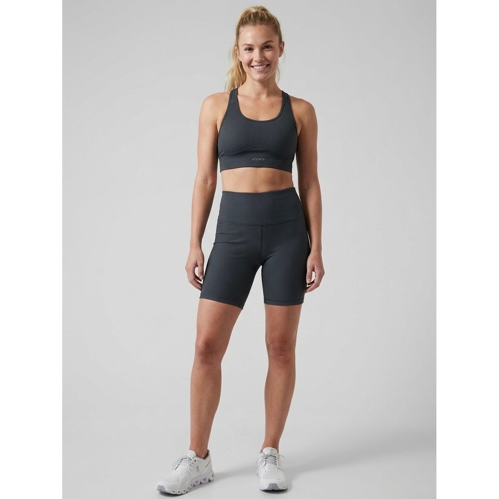 Athleta Elation Rib 7" Short Womens Medium Dark Grey High Rise Biker Yoga Shorts